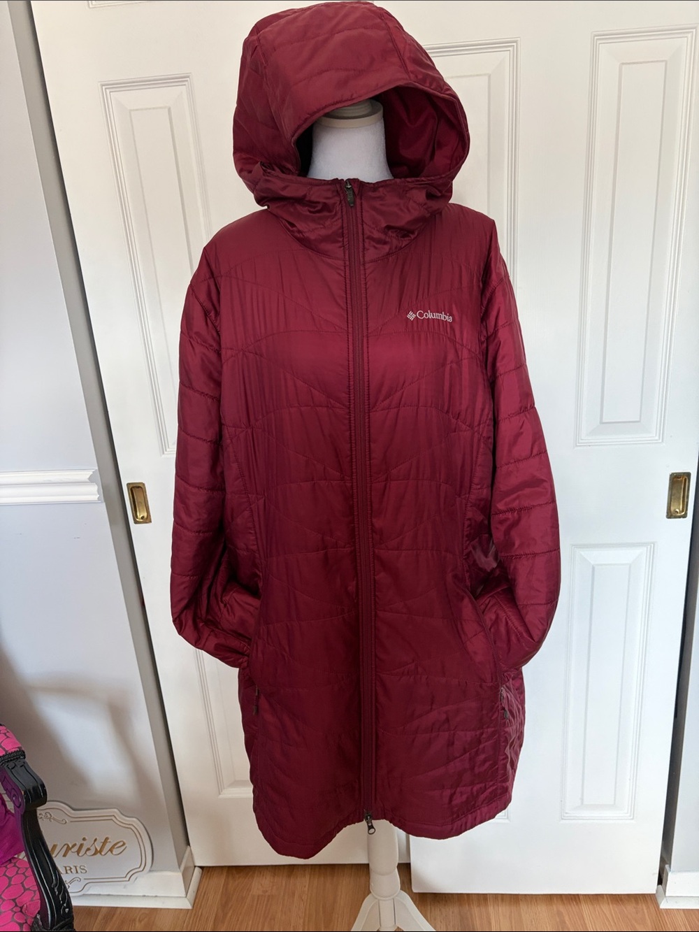 Columbia Hooded Long Omni-Heat Reflective Lined Jacket in Burgundy/Wine